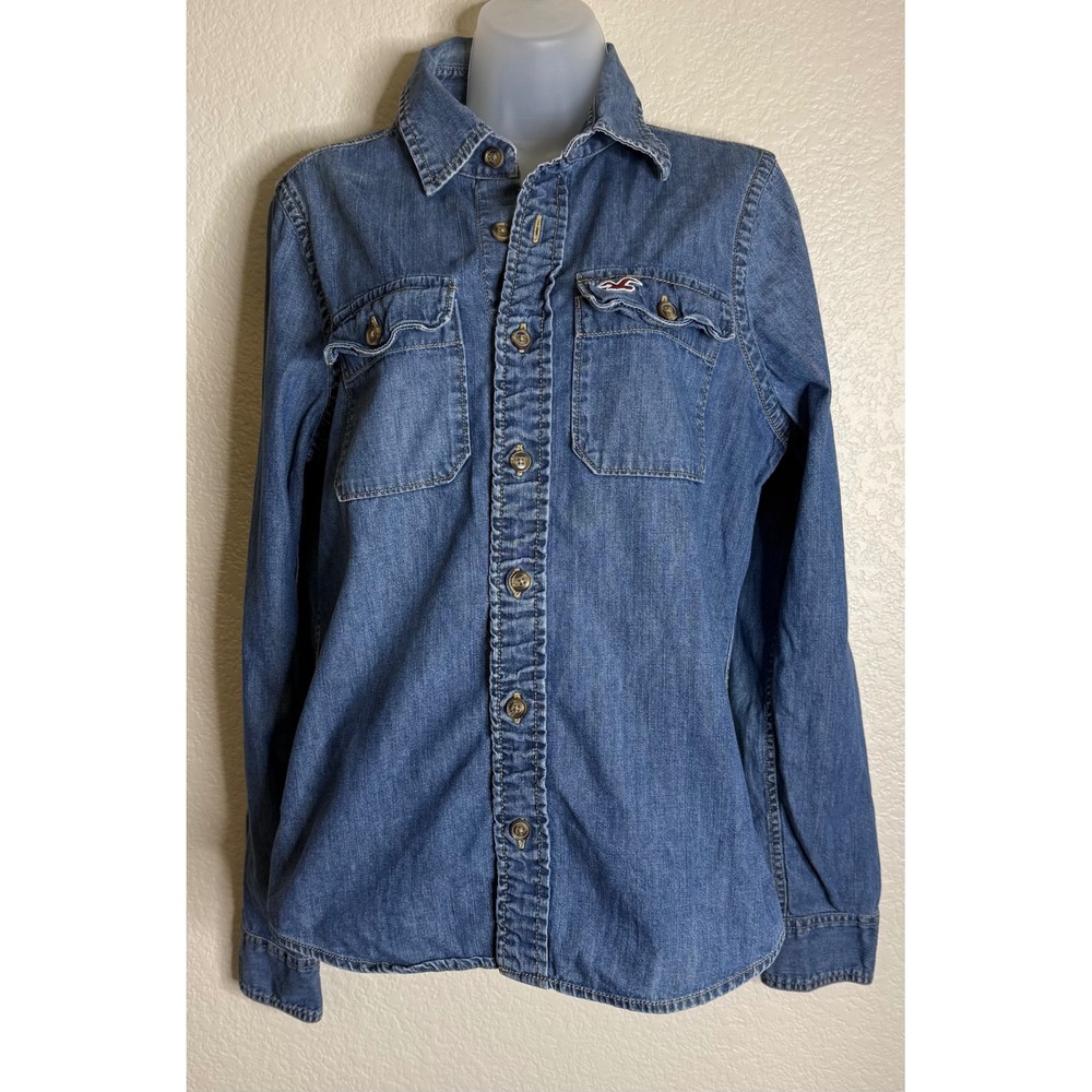 Hollister‎ Womens S Button Down Shirt Blue Denim Long Sleeve Logo Cotton Preppy